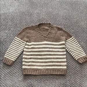 Hand Knitted Kids Brown & Cream Striped V-Neck Sweater